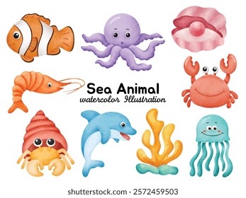 Charming Watercolor Illustrations of Sea Animals – Featuring Vibrant Marine Life Including Sharks, Octopus, Starfish, Seahorses, and Coral Reefs, Perfect for Ocean-Themed Designs, Children’s Projects,