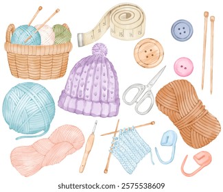 Charming Watercolor Knitting and Crochet Illustrations: Hand-Painted Clip Art Featuring Yarn, Knitting Needles, Buttons, Scissors, Measuring Tape, and Beanie for Creative Craft Projects