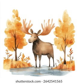 A charming watercolor moose stands by a tranquil pond, surrounded by autumnal trees and foliage. The moose is depicted with large antlers and a friendly expression.