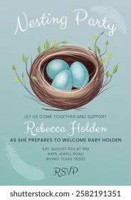 Charming watercolor Nesting Party invitation with a bird's nest, blue eggs, and soft pastel tones. Ideal for baby showers, gender reveal parties, nature-inspired celebrations. Elegant vector design