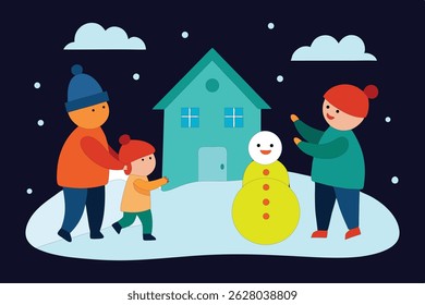 Charming watercolor painting of children joyfully building a snowman near a cozy cottage on Christmas Day. Heartwarming winter artwork on a dark blue background, 
