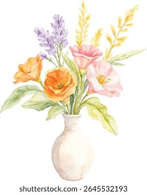 A charming watercolor painting depicts a delicate bouquet of orange and pink flowers, lavender, and greenery arranged in a simple creamy vase, isolated on a transparent background.