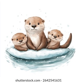 A charming watercolor painting depicts a mother otter and her two pups nestled together on a small ice floe, floating on calm water.
