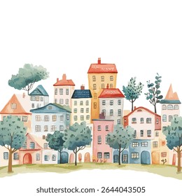A charming watercolor painting depicts a row of pastel-colored houses nestled amongst vibrant green trees. The style is whimsical and inviting.