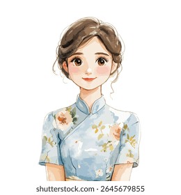 Uma encantadora aquarela retrata uma jovem mulher, na frente e no centro, vestindo um cheongsam floral azul claro. Sua expressão é serena.