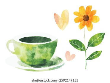 A charming watercolor painting featuring a steaming green tea cup on a saucer, a bright yellow flower, and two heart illustrations symbolizing warmth and love