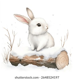 A charming watercolor painting of a fluffy white bunny sitting on a snow-dusted log, looking to its right.