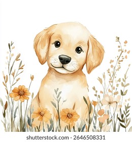 Uma encantadora aquarela pintando de um filhote de cachorro golden retriever, na frente e no centro, rodeado por flores e folhagem macias do outono.