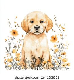 A charming watercolor painting of a golden retriever puppy sitting amidst yellow flowers and foliage, facing the viewer.