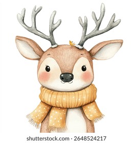 A charming watercolor painting of a young reindeer wearing a mustard yellow scarf, a tiny bird perched on its antlers.