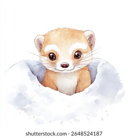 Uma encantadora aquarela pintando de um jovem stoat, pele castanha clara, olhos grandes, aninhado em uma neve macia, azul claro e branca.