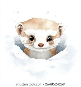 Uma encantadora aquarela pintando o rosto de um jovem stoat, parcialmente escondido em um snowdrift, apresenta olhos grandes e expressivos.