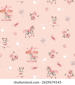 Charming watercolor pattern of carousel horses, cats, and flowers in a soft pink theme.