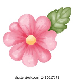 Charming Watercolor Pink Flower with Green Leaf