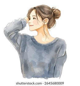 Um encantador retrato aquarela de uma mulher, ligeiramente angular, vestindo um suéter cinza
