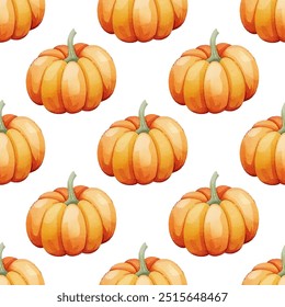 Charming watercolor pumpkin gourd vector seamless pattern. Ideal for fall-themed designs, harvest events, Thanksgiving decor, Halloween celebrating. Pumpkin harvest season.