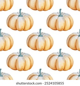 Charming watercolor pumpkin gourd vector seamless pattern. Ideal for fall-themed designs, harvest events, Thanksgiving decor, Halloween celebrating. Pumpkin harvest season.