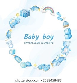 Charming watercolor round frame featuring baby toys in pastel blue. Ideal for greeting cards or newborn shower invitations, adding a sweet touch to your celebrations!