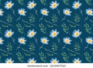 Charming watercolor seamless pattern with blue and yellow wildflowers – perfect for fabrics, wallpapers, packaging, and romantic botanical projects.	