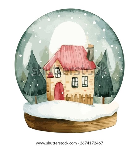 A charming watercolor snow globe featuring a cozy house nestled between evergreen trees, evoking a sense of winter magic and holiday cheer.