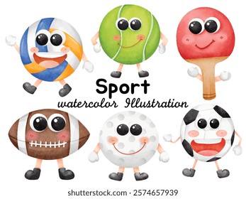 Charming Watercolor Sport Illustration Featuring Smiling Volleyball, Tennis Ball, Football, Soccer Ball, Golf Ball, and Ping Pong Paddle - Perfect for Creative Projects