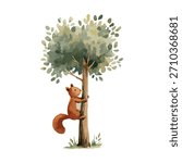 Charming watercolor squirrel climbing a tree, perfect for children
