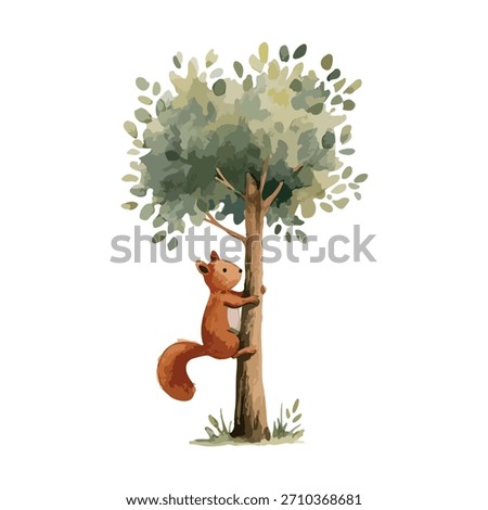 Charming watercolor squirrel climbing a tree, perfect for children's books, nursery decor, and playful nature-themed designs. Hand-drawn animal illustration.