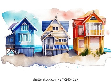 Charming watercolor vector illustration of three colorful beach houses nestled on a sandy shore. Whimsical design evokes a sense of leisure and relaxation, perfect for summer-themed projects.