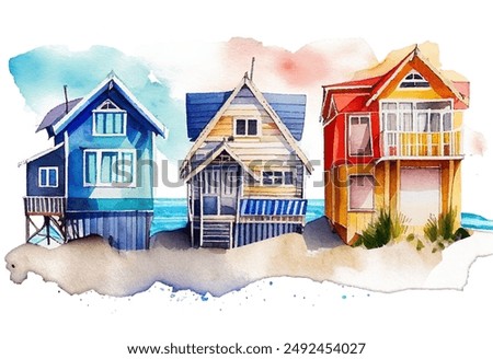 Charming watercolor vector illustration of three colorful beach houses nestled on a sandy shore. Whimsical design evokes a sense of leisure and relaxation, perfect for summer-themed projects.