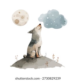 Lobo de acuarela encantador aullando en la luna llena, una ilustración pintada a mano de ensueño perfecto para los libros de los niños, la decoración del cuarto de niños, o temas de la naturaleza.
