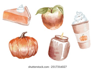 charming watercolour, aquarelle autumn illustrations. Pumpkin spice latte, candle, apple. hand drawn Fall vector graphics