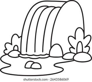 Charming Waterfall Landscape with Lush Greenery and a Serene Pond Perfect for Children's Books Illustrations or Nature Themed Coloring Pages Depicting Peaceful Outdoor Scenery and Natural Beauty