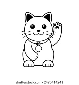 Charming waving cat line art vector icon, perfect for cute and playful design projects.