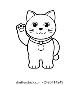 Charming waving cat line art vector icon, perfect for cute and playful design projects.