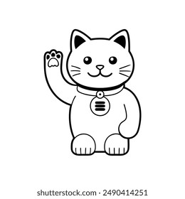 Charming waving cat line art vector icon, perfect for cute and playful design projects.