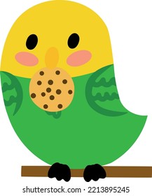Charming wavy parrot eats cookies. Vector illustration. Concept with parrot for thematic design. Image of parrot isolated on white background.