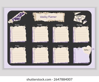Charming weekly planner with lavender, vintage design, and torn paper. Perfect for scheduling tasks and elegant organization. Vector
