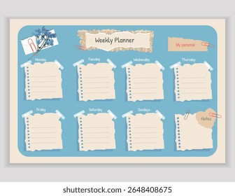 Charming weekly planner template featuring torn paper notes, delicate floral details, and a clean blue background. Perfect for organizing tasks, planning schedules, and staying productive throughout.
