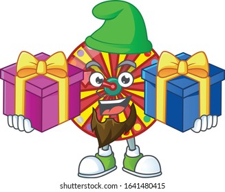 A charming wheel fortune cartoon mascot style with two boxes of gifts