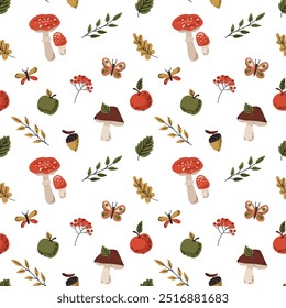 Charming and whimsical Autumn Nature Pattern featuring delightful Mushrooms and vibrant Butterflies