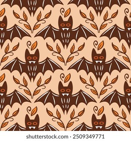 Charming Whimsical Bat and Leaf Pattern Design for Autumn Celebrations and Festivities. Seamless pattern for wallpaper, fabric, wrapping, background.