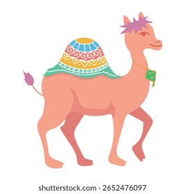A charming and whimsical cartoon camel stands gracefully with saddle features playful swirls and geometric colorful patterns. Islamic Ramadan and Eid Al-Fitr vector illustration.