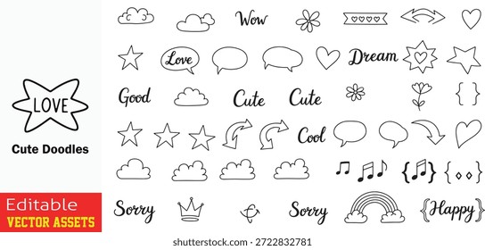 Coleção encantadora e caprichosa de elementos de doodle vetor desenhados à mão para design gráfico e projetos criativos

Esta coleção apresenta uma variedade de charmosos e caprichosos elementos de doodle vetorial desenhado à mão desenhado projetado para adicionar um toque divertido ao seu trabalho de design gráfico. O conjunto inclui uma gama diversificada de ícones expressivos meticulosamente renderizados com uma estética desenhada à mão limpa, proporcionando uma sensação amigável e acessível.

Elementos principais incluídos
Celestial e Nature Você encontrará várias formas de estrelas, incluindo contornos sólidos e explosões estelares abstratas, juntamente com explosões solares e círculos radiantes. Ilustrações em nuvem e arco-íris coloridos descansando sobre nuvens representam alegria e esperança.

Amor e Romance Destacados são formas de coração entrelaçadas e contornos de coração solitário que são motivos universalmente reconhecidos para afeto e romance.

Comunicação e texto O conjunto inclui várias bolhas de fala e texto escrito à mão expressiva, como LOVE COOL GOOD WOW Dream e Cute.

Navegação e Decoração Elementos funcionais como setas curvas sugerem movimento e direção enquanto notas musicais adicionam toque artístico. Acentos geométricos como colchetes e um ícone coroa real oferecem enquadramento estrutural e temas de celebração.

Beleza floral Tulipas estilizadas e flores margaridas estão incluídas para adicionar beleza natural e charme delicado às suas composições.

Uso e compatibilidade Estes rabiscos são apresentados como arquivos vetoriais editáveis, tornando-os perfeitos para conteúdo de mídia social cartões de saudação e scrapbooking digital. Seu estilo de arte de linha vermelha limpa garante que eles se destacam em qualquer fundo transparente ou claro.