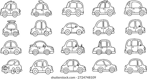 Una colección encantadora y caprichosa de varios coches y vehículos de estilo doodle dibujados a mano, perfecto para libros infantiles o diseños divertidos.