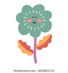 A charming and whimsical flower illustration with a smiling face with rosy cheeks at its center, adorned with small dash marks, orange and red leaves rest on a purple stem. Flower icon vector