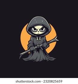 A charming, whimsical Grim Reaper cat, clutching a small scythe, its bright eyes full of mischief. Outlined in playful 2D cartoon style. vector illustration