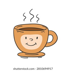 A charming and whimsical hand drawn illustration of a steaming coffee mug featuring a friendly smiling face on a plain background
