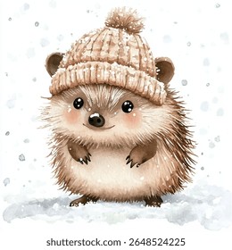 A charming, whimsical hedgehog wearing a beige knitted hat, surrounded by falling snow. The hedgehog is depicted in a cute, playful pose, with detailed features and soft colors.