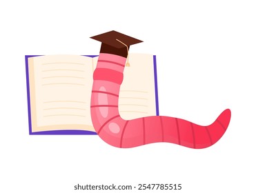 A charming and whimsical illustration of a cute little bookworm happily wearing a graduation cap next to an open book