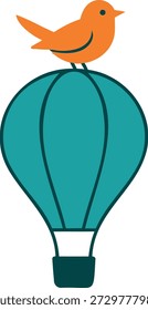 Eine charmante und skurrile Illustration mit einem bezaubernden orangefarbenen Vogel, der sich ruhig auf der Spitze eines hellen Teal-Heißluftballons befindet. Der Vogel blickt mit seiner einfachen, abgerundeten Form nach vorne und verleiht der Szene ein Gefühl der Ruhe und Neugier. Der Heißluftballon ist mit klaren Linien dargestellt, mit einem großen, tealfarbenen Umschlag, einem kleinen weißen Band und einem dunklen Tealkorbboden. Das gesamte Bild ist auf einem sauberen, weißen Hintergrund eingestellt, sodass die lebhaften Farben knallen. Diese Grafik ruft ein Gefühl von Freiheit, Abenteuer und Leichtigkeit hervor, perfekt für Kinderdesigns, Reisethemen oder jedes Projekt, das einen Hauch spielerischer Fantasie benötigt.
